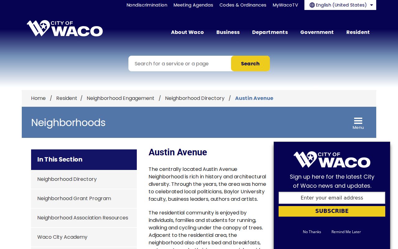 Waco neighbors Austin Avenue Association public profile and meeting information