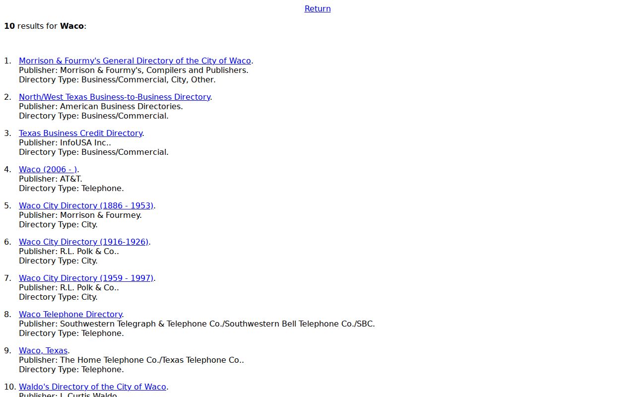 Waco city directory catalog at UT Austin